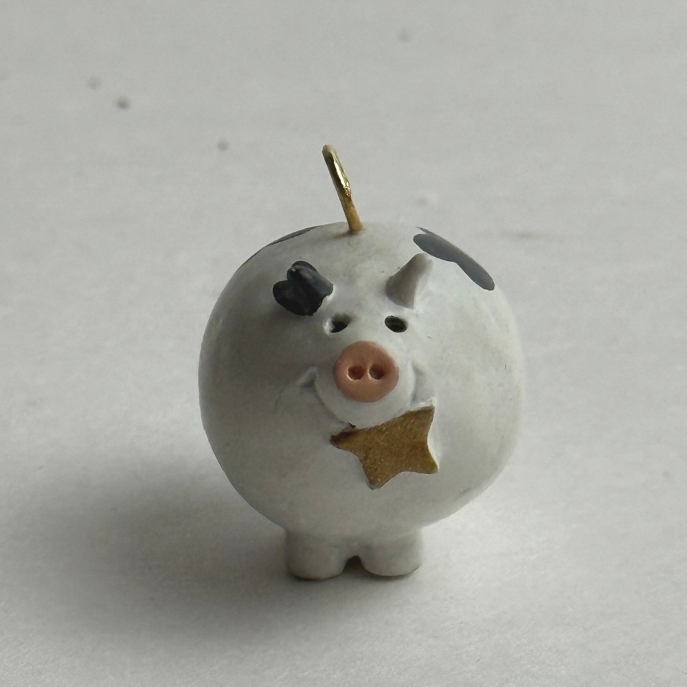 Cute Ceramic Pig Figurine Ornament Hand Painted Black Spots Gold Star Charm